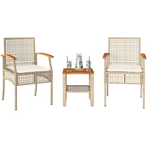 Ensemble de bistro 3 pcs coussins beige résine tressée acacia (1/5)