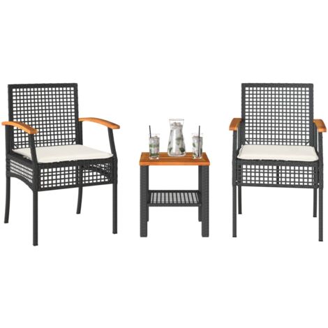 Ensemble de bistro 3 pcs et coussins noir résine tressée acacia (1/5)