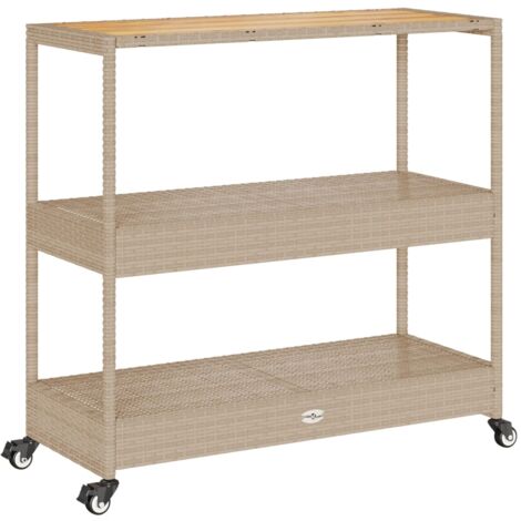 Chariot de bar 3 niveaux beige rotin et bois d'acacia massif (1/5)