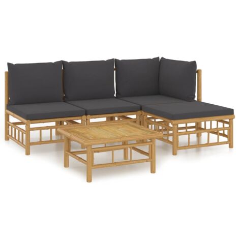 Salon de jardin 5 pcs avec coussins gris foncé bambou (1/5)