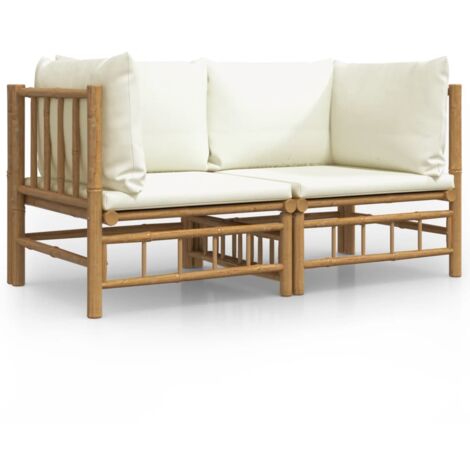 Canapés d'angle de jardin avec coussins blanc crème 2pcs bambou (1/5)
