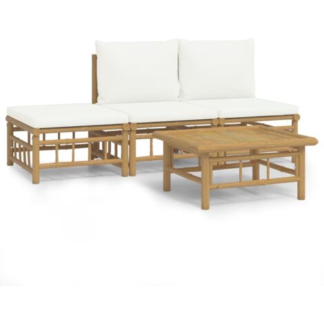 Salon de jardin 4 pcs avec coussins blanc crème bambou (1/5)