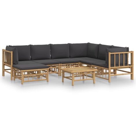 Salon de jardin 8 pcs avec coussins gris foncé bambou (1/5)