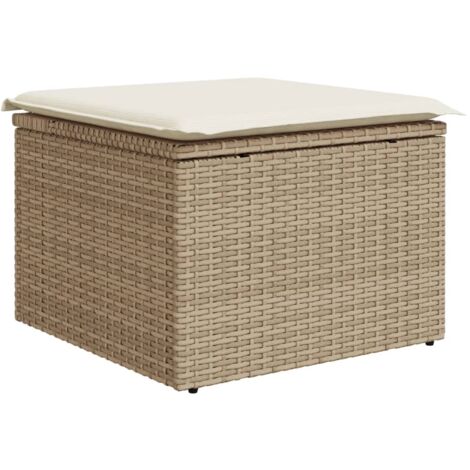 Tabouret de jardin avec coussin beige 55x55x37 résine tressée (1/5)