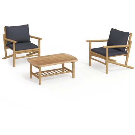 Salon de jardin 3 pcs avec coussins gris foncé bambou (1/5)