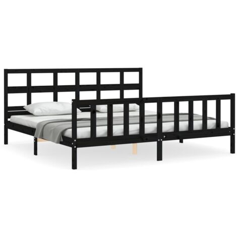 Cadre de lit avec tête de lit noir 200x200 bois massif (1/5)