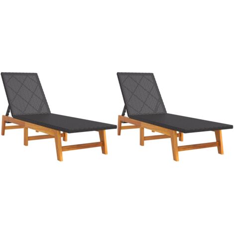 Chaises longues 2 pcs noir-marron résine tressée-bois d'acacia (1/5)
