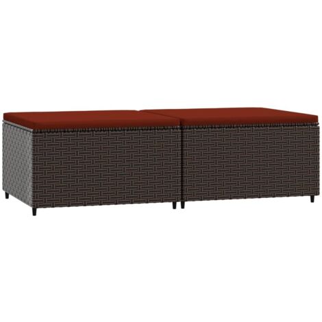 Repose-pieds de jardin et coussins 2 pcs marron résine tressée (1/5)
