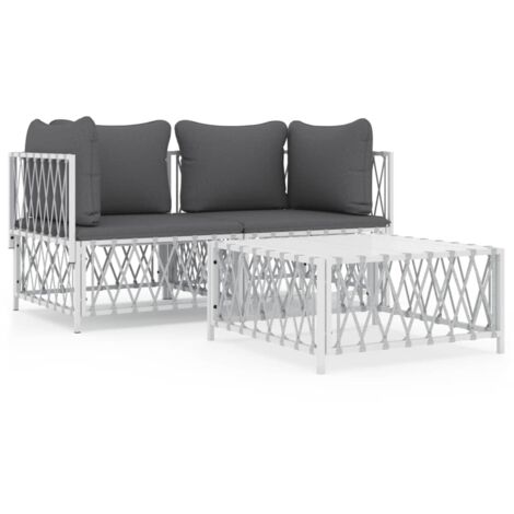Salon de jardin avec coussins 3 pcs blanc acier (1/5)
