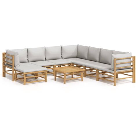 Salon de jardin 9 pcs avec coussins gris clair bambou (1/5)