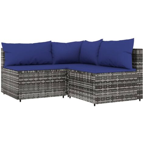 Salon de jardin 3 pcs avec coussins Gris Résine tressée (1/5)