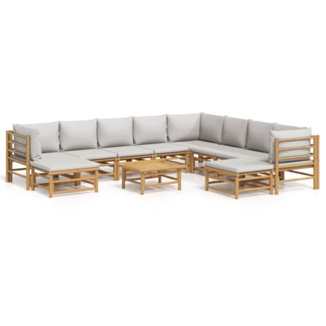 Salon de jardin 11 pcs avec coussins gris clair bambou (1/5)