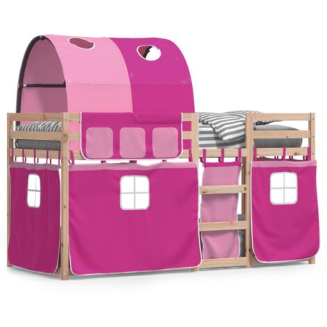 Lit superposé avec rideaux rose 90x200 bois pin massif (1/5)