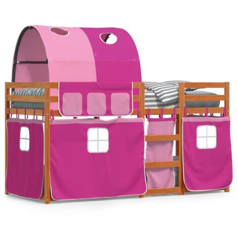 Lit superposé avec rideaux rose 80x200 bois pin massif (1/5)