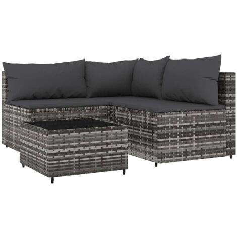 Salon de jardin 4 pcs avec coussins Gris Résine tressée (1/5)