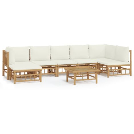 Salon de jardin 8 pcs avec coussins blanc crème bambou (1/5)