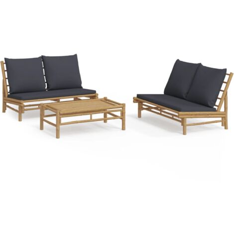 Salon de jardin 3 pcs avec coussins gris foncé bambou (1/5)