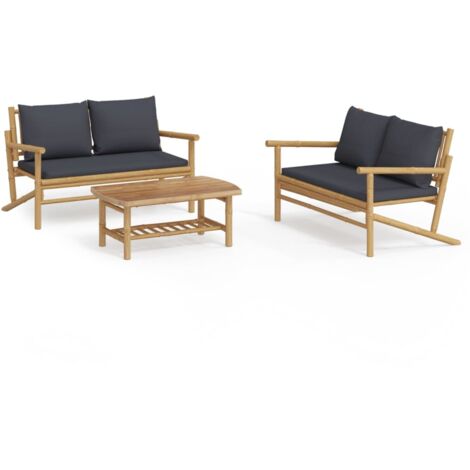 Salon de jardin 3 pcs avec coussins gris foncé bambou (1/5)