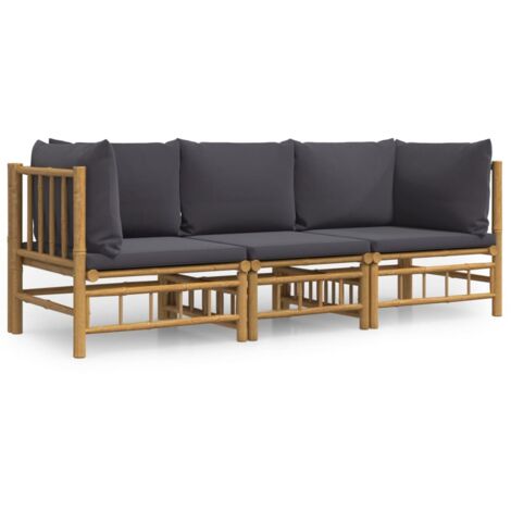 Salon de jardin 3 pcs avec coussins gris foncé bambou (1/5)