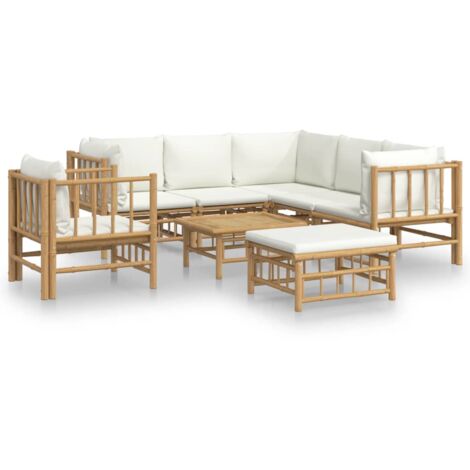 Salon de jardin 8 pcs avec coussins blanc crème bambou (1/5)