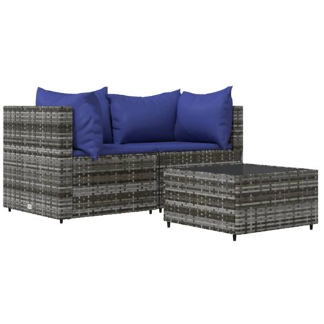 Salon de jardin 3 pcs avec coussins Gris Résine tressée (1/5)