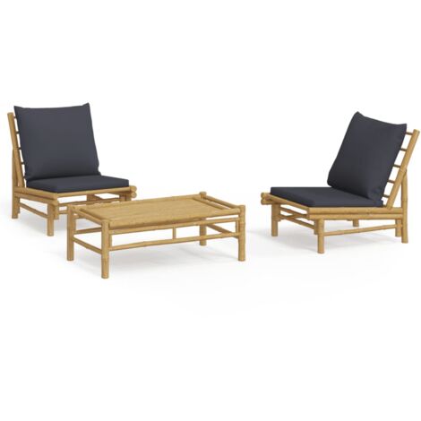 Salon de jardin 3 pcs avec coussins gris foncé bambou (1/5)