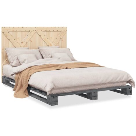 Cadre de lit avec tête de lit gris 140x200 bois pin massif (1/5)