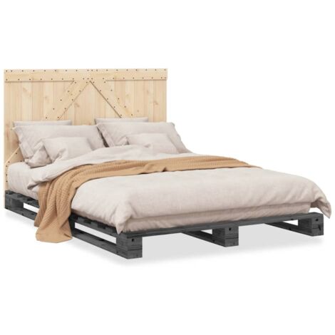 Cadre de lit avec tête de lit gris 140x200 bois pin massif (1/5)