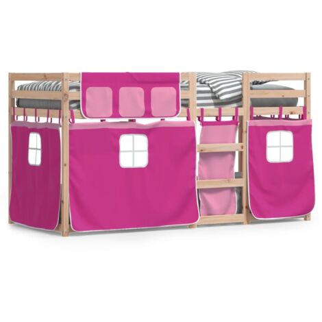 Lit superposé avec rideaux rose 80x200 bois pin massif (1/5)