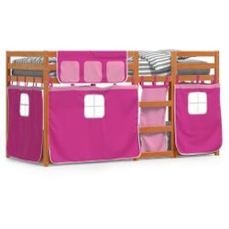 Lit superposé avec rideaux rose 90x200 bois pin massif (1/5)