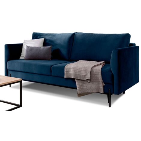 Canapé convertible en velours ROBBY – Rangement et pieds métal noir-Bleu nuit (1/5)