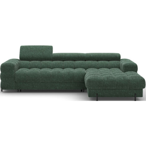 Canapé d’angle convertible tissu appuis-tête réglables KATE – Coffre et pieds métal noir angle droit-Vert sapin-angle droit (1/5)