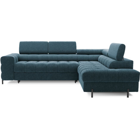 Canapé d'angle convertible en tissu appuis-tête réglables LUCCINO - Coffre et pieds métal noir angle droit-Bleu canard-angle droit (1/5)