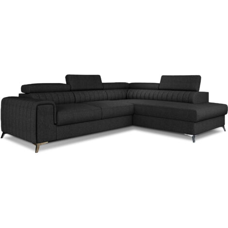 Canapé d'angle convertible tissu appuis-tête réglables LOZA - Coffre et pieds acier chromé angle droit-Gris anthracite-angle droit (1/5)
