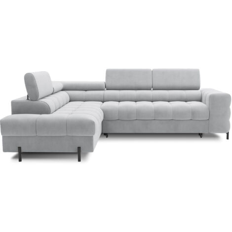 Canapé d'angle convertible en tissu appuis-tête réglables LUCCINO - Coffre et pieds métal noir angle gauche-Gris clair-angle gauche (1/5)