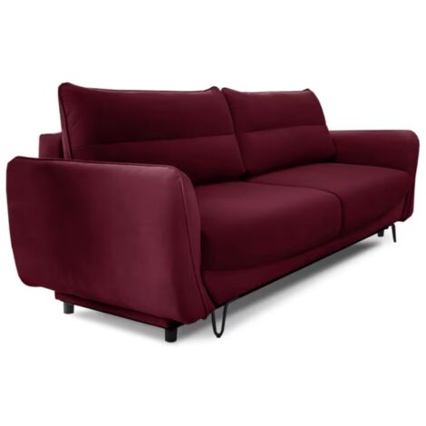 Canapé droit convertible velours ZURIK - Coffre de rangement et pieds métal noir-Bordeaux (1/5)