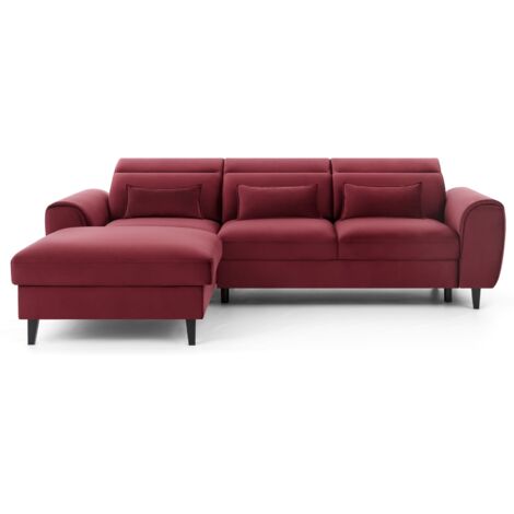 Canapé d’angle convertible ASTORIA en velours avec coffre, têtières réglables et pieds en bois noir – 267cm angle gauche-Rouge cerise-angle gauche (1/5)