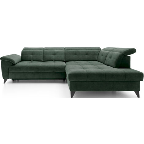 Canapé d'angle convertible tissu velouté KARIN - Coffre et appuis-tête réglables angle droit-Vert foncé-angle droit (1/5)