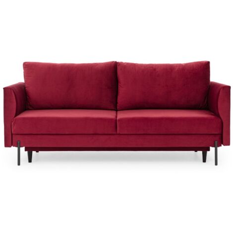 Canapé convertible en velours ROBBY – Rangement et pieds métal noir-Rouge cerise (1/5)