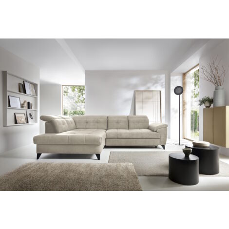 Canapé d'angle convertible tissu velouté KARIN - Coffre et appuis-tête réglables angle gauche-Beige clair-angle gauche (1/5)