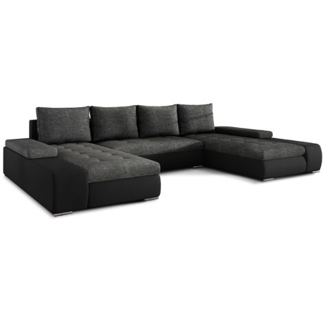 Les Tendances – Canapé panoramique convertible en U – Bi-matière tissu et simili cuir – Rangement intégré – Dimensions L 363 x P 200 cm – Surface de couchage 297 x 122 cm
