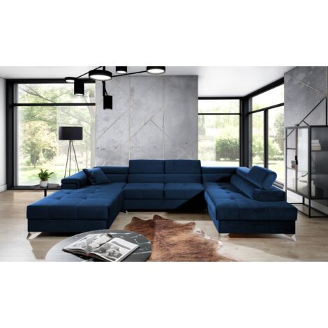 Canapé panoramique convertible KUTTY velours - Rangement et têtières réglables à droite-Bleu nuit-Coffre à droite (1/5)