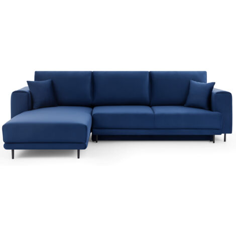 Canapé d'angle convertible velours DAVINA - Coffre et pieds métal noir angle gauche-Bleu nuit-angle gauche (1/5)