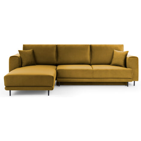 Canapé d'angle convertible velours DAVINA - Coffre et pieds métal noir angle gauche-Jaune moutarde-angle gauche (1/5)