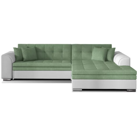 Canapé d'angle convertible tissu et simili LOOKA - Pieds métal chromé angle droit-Blanc/Vert clair-angle droit (1/5)