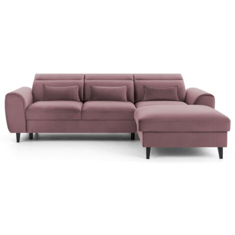 Canapé d’angle convertible ASTORIA en velours avec coffre, têtières réglables et pieds en bois noir – 267cm angle droit-Vieux rose-angle droit (1/5)