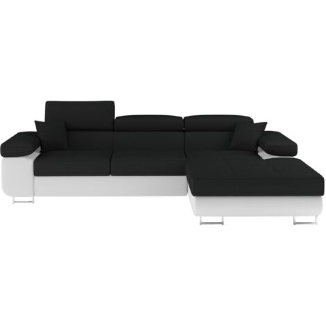 Canapé d'angle convertible appuis-tête réglables KALIZO - Coffre et pieds acier chromé angle droit-Blanc/Noir-angle droit (1/5)