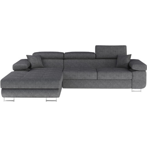 Canapé d'angle convertible velours appuis-tête réglables KALIZO - Coffre et pieds acier chromé angle gauche-Gris-angle gauche (1/5)