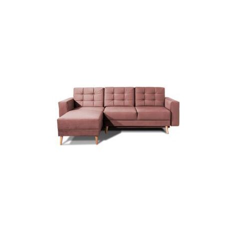 Canapé d'angle convertible et réversible velours ANSKA - Pieds bois naturel-Rose poudré (1/5)