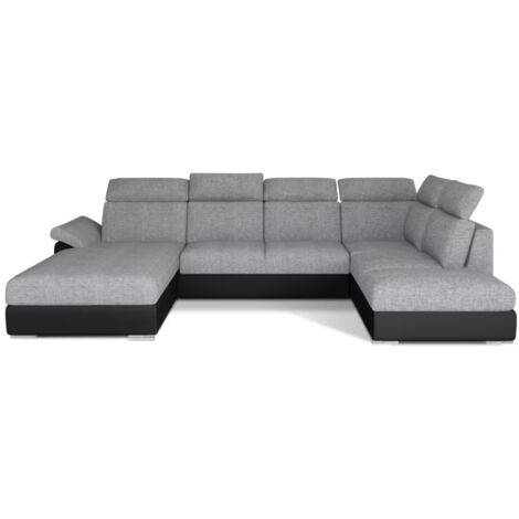 Canapé Convertible Panoramique LEVANO Tissu et Simili Cuir, Têtières à gauche-Noir/Gris clair-Coffre à gauche (1/5)
